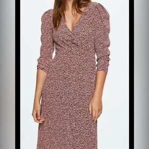 Mango Long Sleeve Burgundy Patterned Crepe Fit & Flare Dress Small